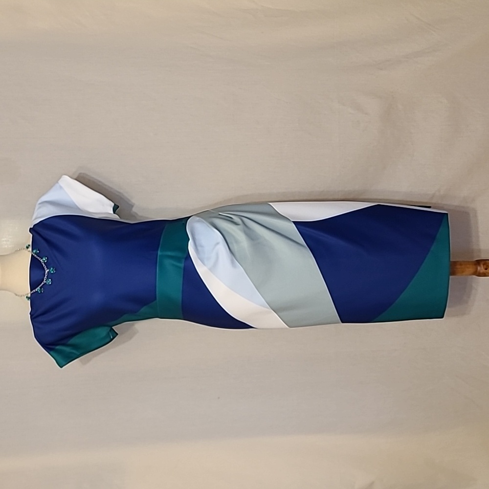 Donna Karan Blue Green Cream Abstract Print Short Sleeve Boat Neck Midi Dress